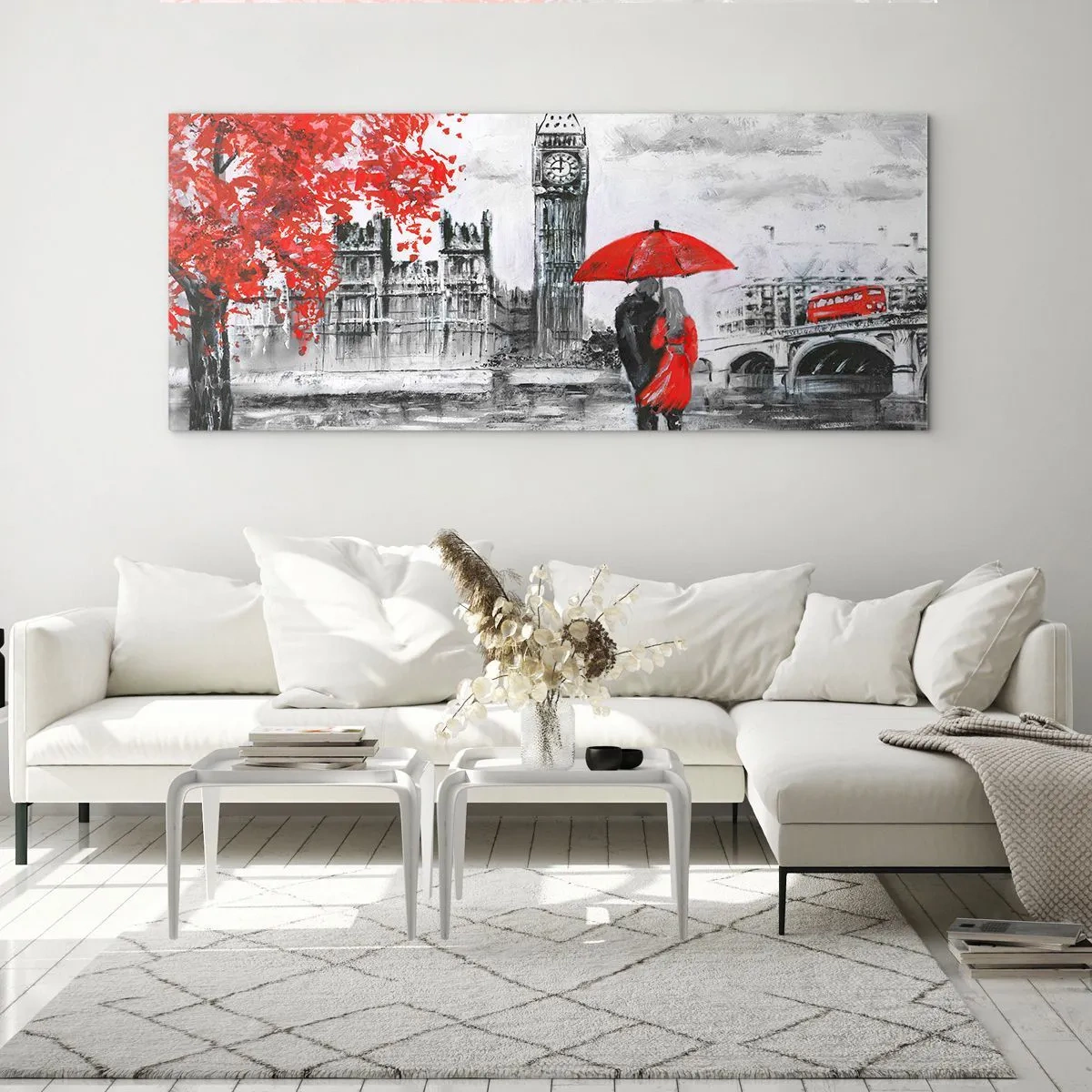 Impression sur verre - Image sur verre - Scène romantique avec Big Ben et un parapluie rouge - 140x50cm - Amoureux de Londres - Décoration murale moderne pour le salon et la chambre ARTTOR