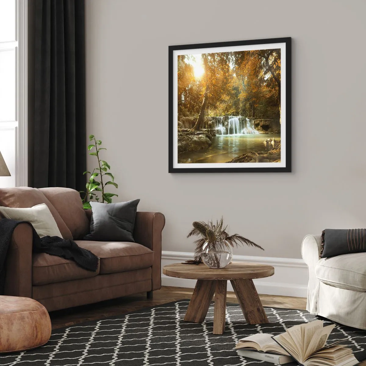 Affiche dans un cadre noir - Poster - Cascade du parc - 60x60 cm