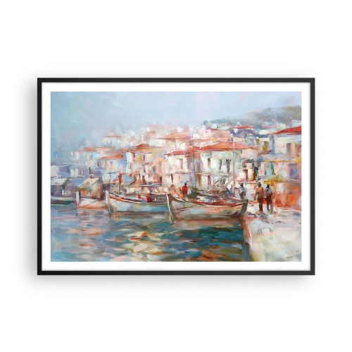 Affiche dans un cadre noir - Poster - Impression de port avec bateaux et bâtiments - 100x70cm - Vacances pastelles - Décoration murale moderne pour le salon et la chambre ARTTOR