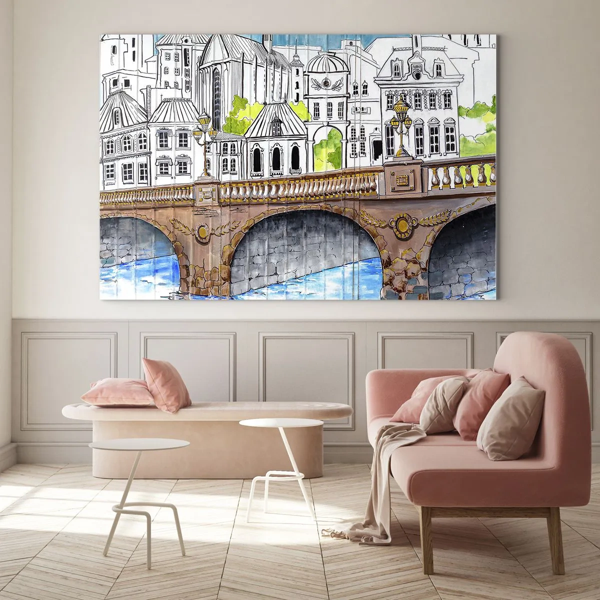 Impression sur verre - Image sur verre - Le pont et l'architecture urbaine sous forme d'esquisse à l'aquarelle - 120x80cm - Une ville comme peinte - Décoration murale moderne pour le salon et la chambre ARTTOR