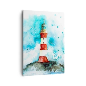 Impression sur toile - Image sur toile - Un phare dans un décor aquarelle sur fond bleu - 50x70cm - Unité des éléments - Décoration murale moderne pour le salon et la chambre ARTTOR