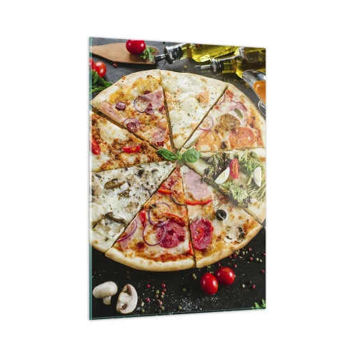 Impression sur verre - Image sur verre - Pizza aux saveurs variées avec garnitures sur fond sombre - 50x70cm - Une gamme de saveurs - Décoration murale moderne pour le salon et la chambre ARTTOR
