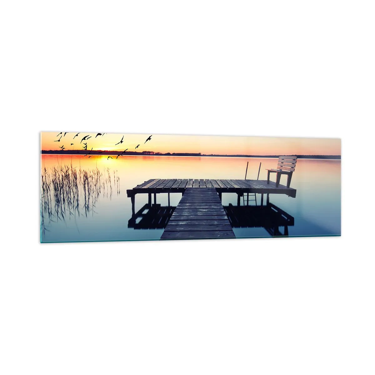 Impression sur verre - Image sur verre - Jetée en bois sur un lac au lever du soleil avec des oiseaux - 160x50cm - C'était une bonne journée - Décoration murale moderne pour le salon et la chambre ARTTOR