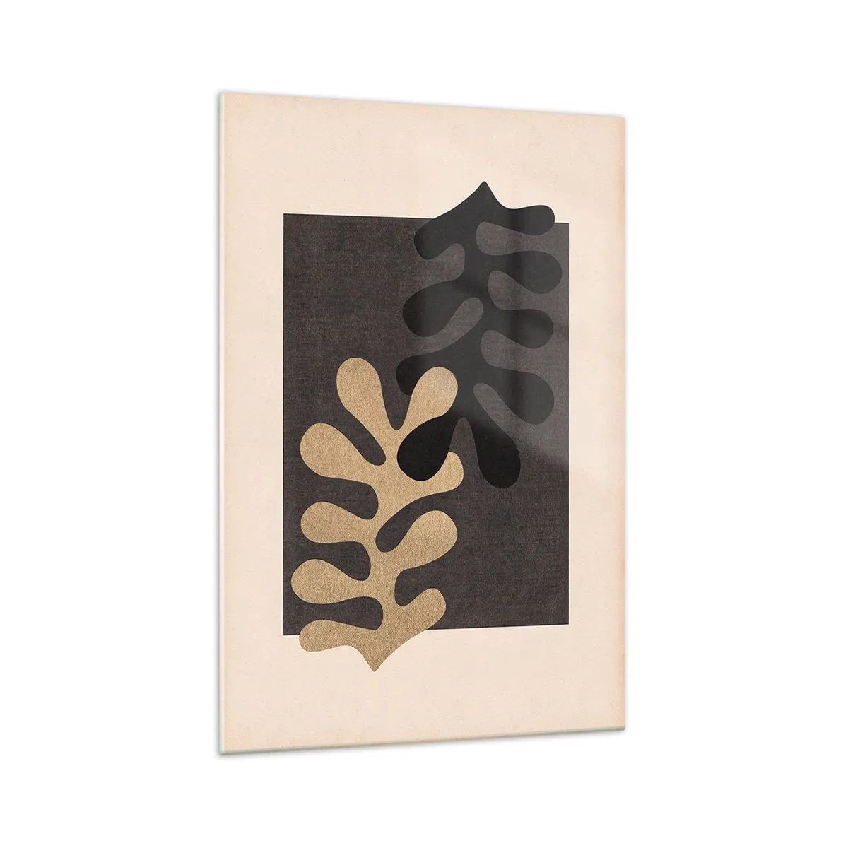 Impression sur verre - Image sur verre - Feuilles abstraites en noir et beige sur un fond rectangulaire - 70x100cm - Absence et complément - Décoration murale moderne pour le salon et la chambre ARTTOR