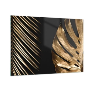 Impression sur verre - Image sur verre - Feuilles de palmier dorées et monsteras sur fond noir - 100x70cm - Différent et tout aussi cher - Décoration murale moderne pour le salon et la chambre ARTTOR