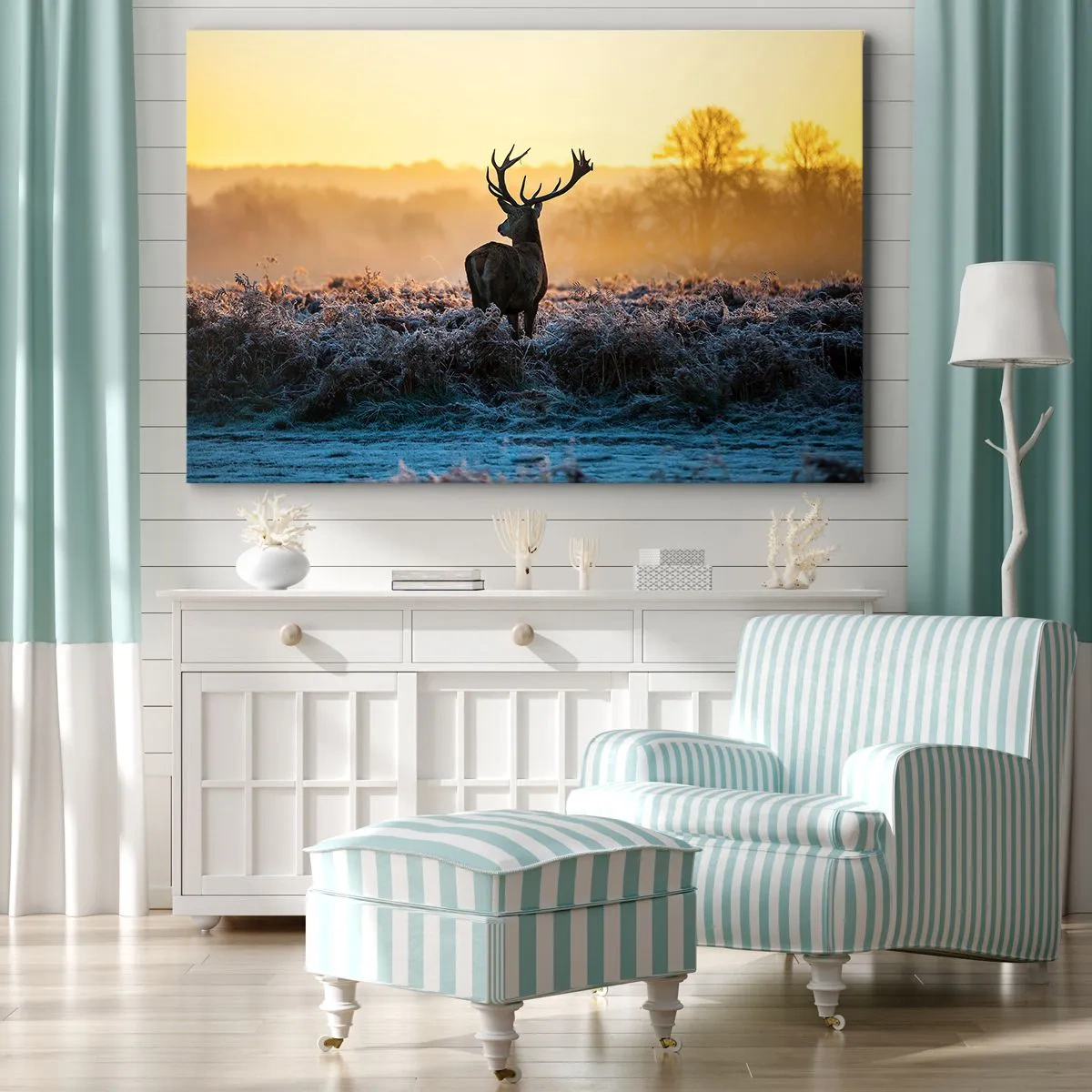 Impression sur toile - Image sur toile - Un cerf dans une clairière gelée au lever du soleil - 70x50cm - Couronné pour sa succession - Décoration murale moderne pour le salon et la chambre ARTTOR
