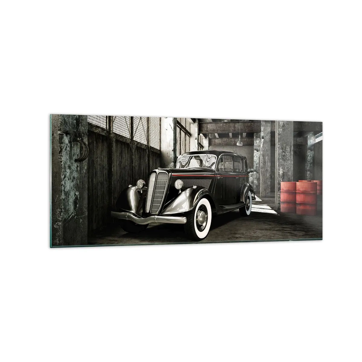 Impression sur verre - Image sur verre - Voiture rétro élégante dans un entrepôt brut - 120x50cm - L'élégance éternelle des années 30 - Décoration murale moderne pour le salon et la chambre ARTTOR