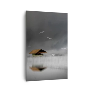 Impression sur toile - Image sur toile - Un chalet solitaire sur l'eau entouré de brouillard et d'oiseaux - 80x120cm - A l'abri de la pluie - Décoration murale moderne pour le salon et la chambre ARTTOR