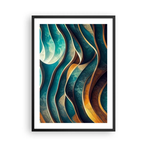 Affiche dans un cadre noir - Poster - Une composition abstraite de formes ondulées dans des tons turquoise. - 50x70cm - Méandres de bleu - Décoration murale moderne pour le salon et la chambre ARTTOR
