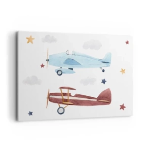 Impression sur toile - Image sur toile - Avions peints à la main sur fond de nuages et d'étoiles - 100x70cm - Monsieur le pilote, nous vous attendons ! - Décoration murale moderne pour le salon et la chambre ARTTOR