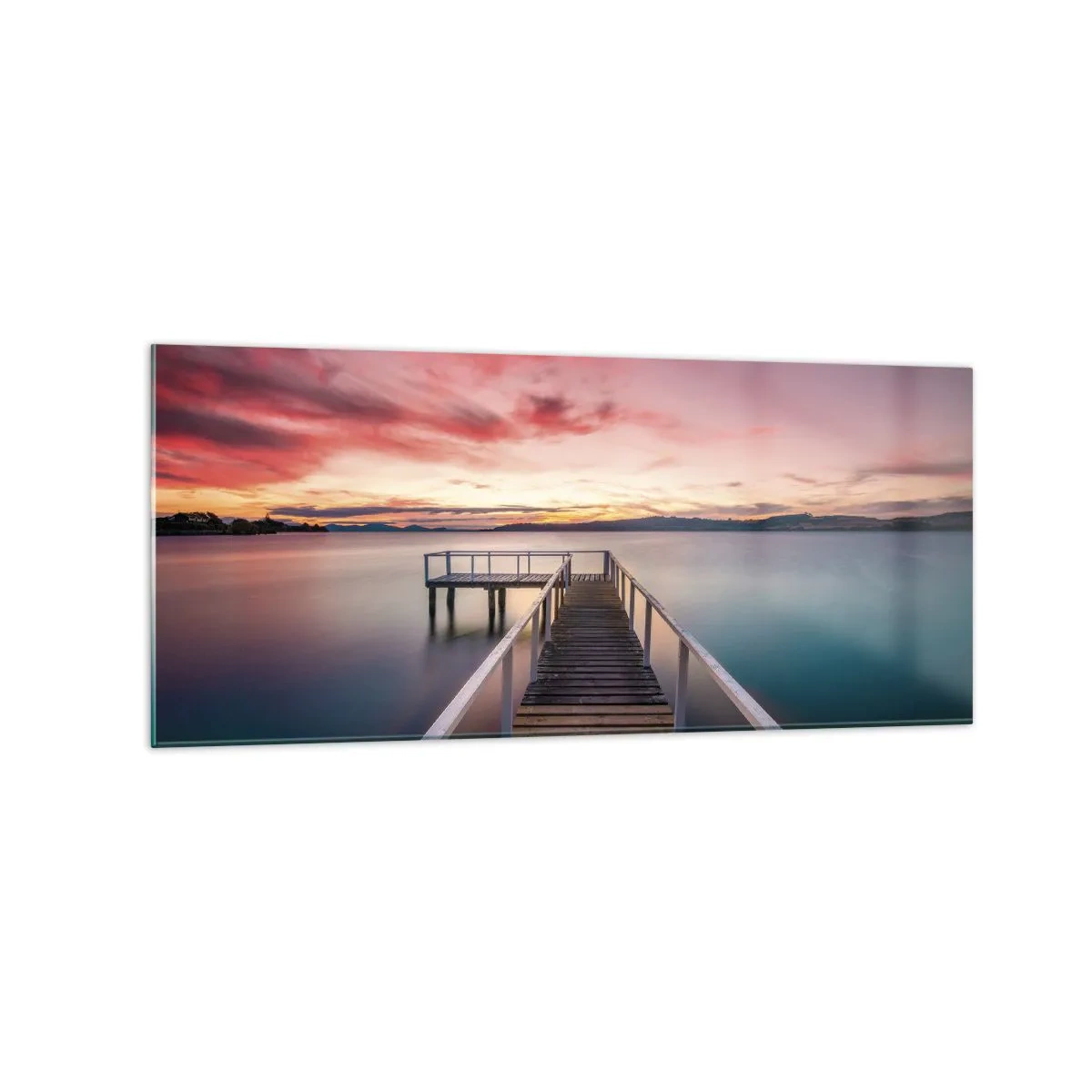 Impression sur verre - Image sur verre - Une jetée menant à un lac tranquille au coucher du soleil - 120x50cm - La douce flamme du soir - Décoration murale moderne pour le salon et la chambre ARTTOR