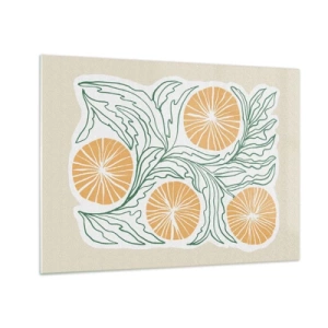 Impression sur verre - Image sur verre - Fruits orange et feuilles vertes dans une composition graphique - 70x50cm - Ethnique avec une pointe d'abstraction - Décoration murale moderne pour le salon et la chambre ARTTOR
