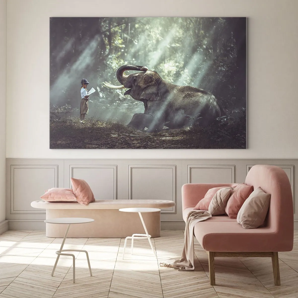 Impression sur verre - Image sur verre - Un garçon avec un livre et un éléphant dans un décor forestier - 100x70cm - Et écoute ça… - Décoration murale moderne pour le salon et la chambre ARTTOR