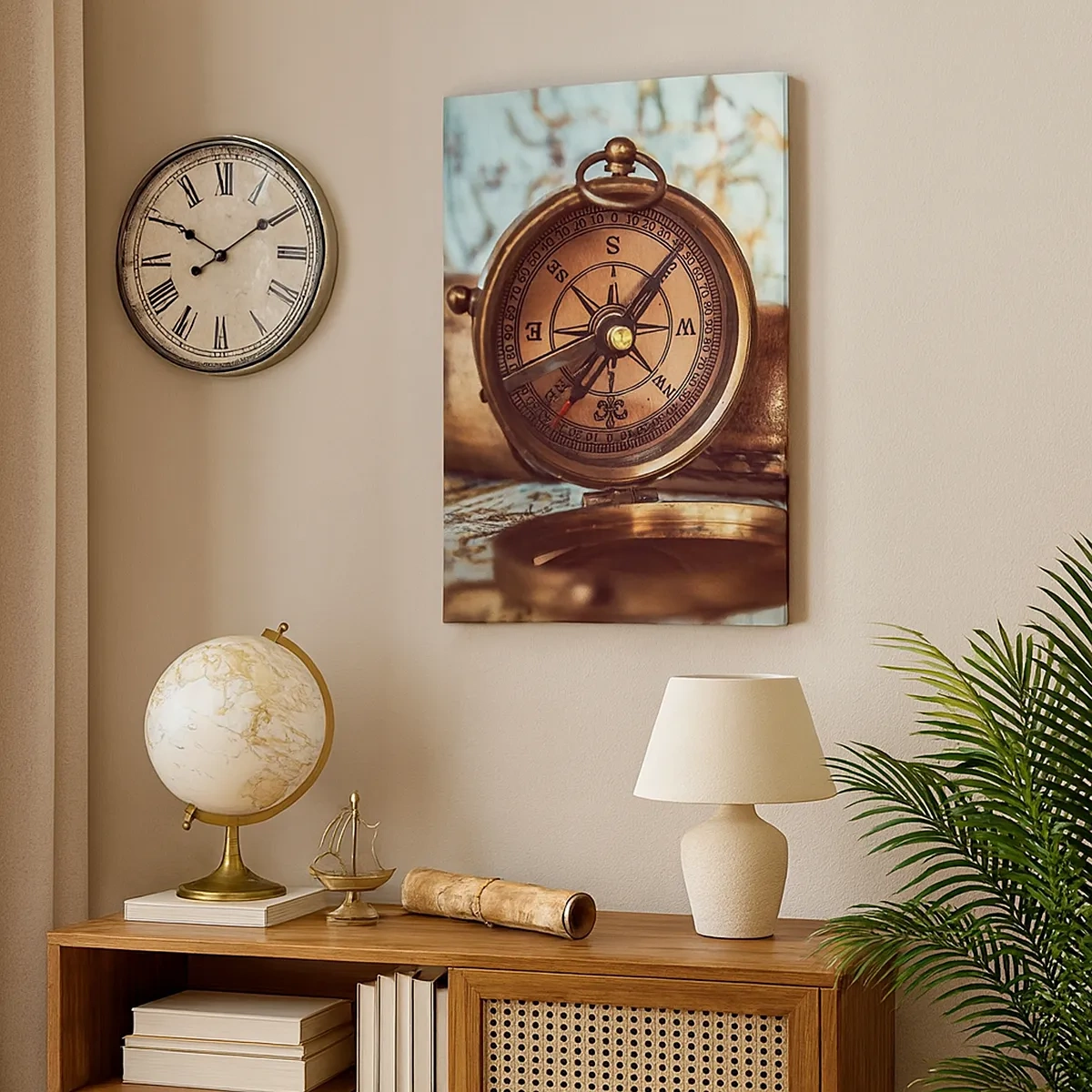 Impression sur toile - Image sur toile - Un ensemble rétro avec une boussole, un télescope et une carte sur le thème du voyage - 50x70cm - Une aventure de pirates dans les Caraïbes vous attend - Décoration murale moderne pour le salon et la chambre ARTTOR