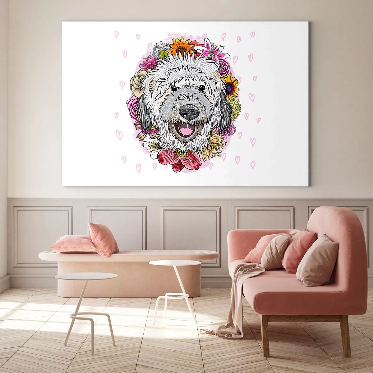 Impression sur verre - Image sur verre - Illustration d'un chien entouré de fleurs - 70x50cm - La joie du chiot - Décoration murale moderne pour le salon et la chambre ARTTOR