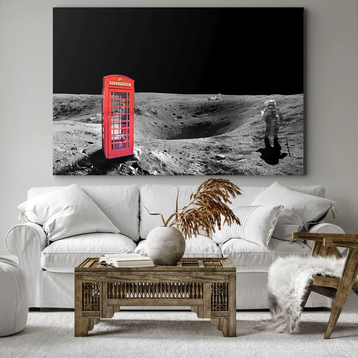 Impression sur toile - Image sur toile - Cabine téléphonique rouge sur la lune - 70x50cm - Une blague cosmique - Décoration murale moderne pour le salon et la chambre ARTTOR