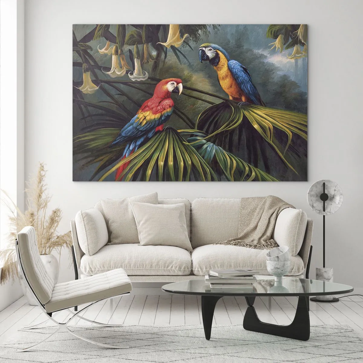 Impression sur verre - Image sur verre - Deux perroquets colorés sur fond de jungle tropicale - 70x50cm - Romantisme dans les tropiques - Décoration murale moderne pour le salon et la chambre ARTTOR