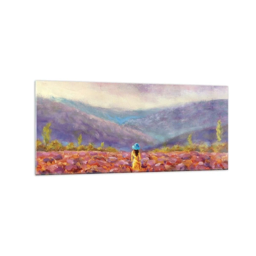 Impression sur verre - Image sur verre - Une femme portant un chapeau marchant dans un champ de lavande. - 120x50cm - Dans un monde lavande - Décoration murale moderne pour le salon et la chambre ARTTOR