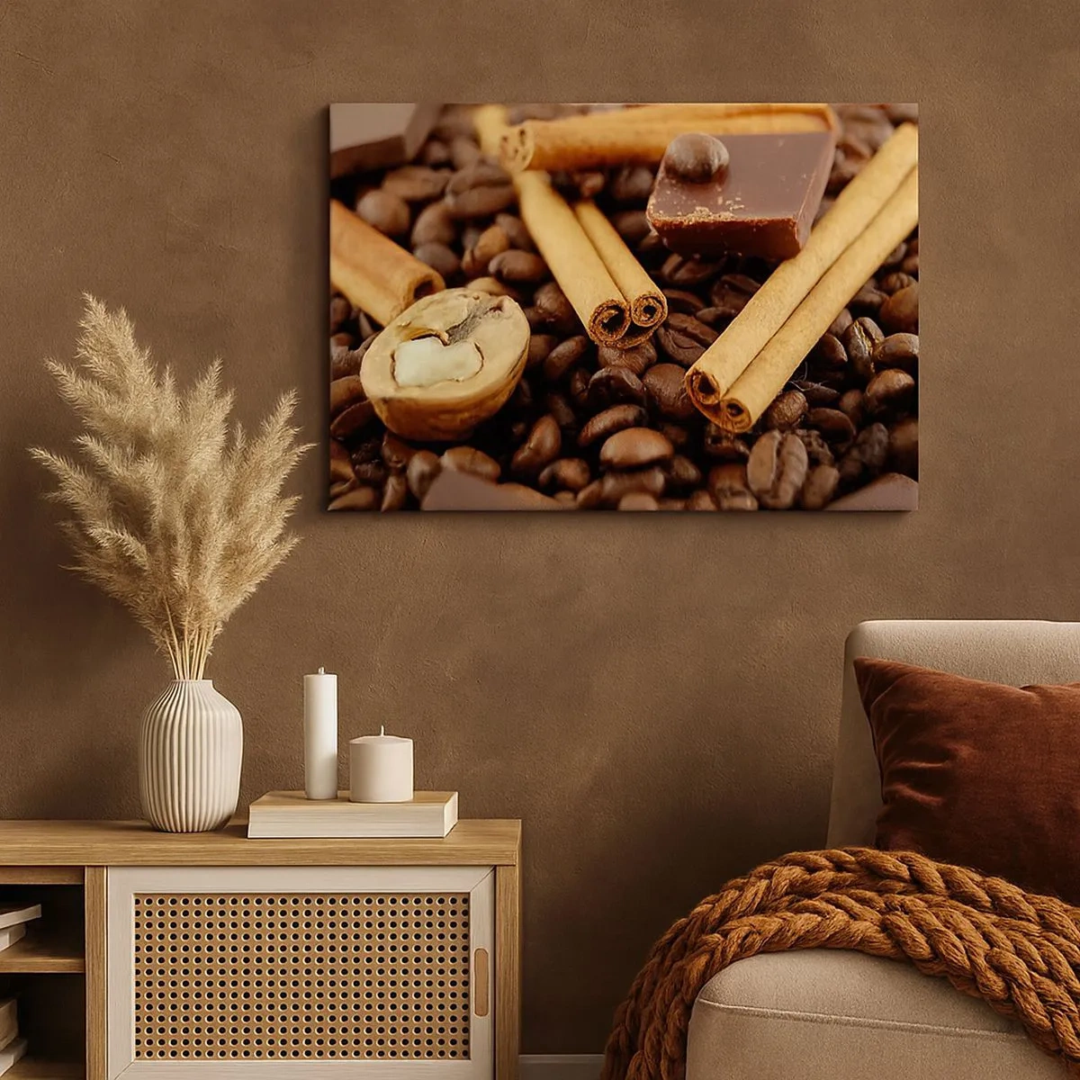 Impression sur toile - Image sur toile - Grains de café avec bâtons de cannelle, chocolat et noix. - 70x50cm - Concert d'aromates - Décoration murale moderne pour le salon et la chambre ARTTOR