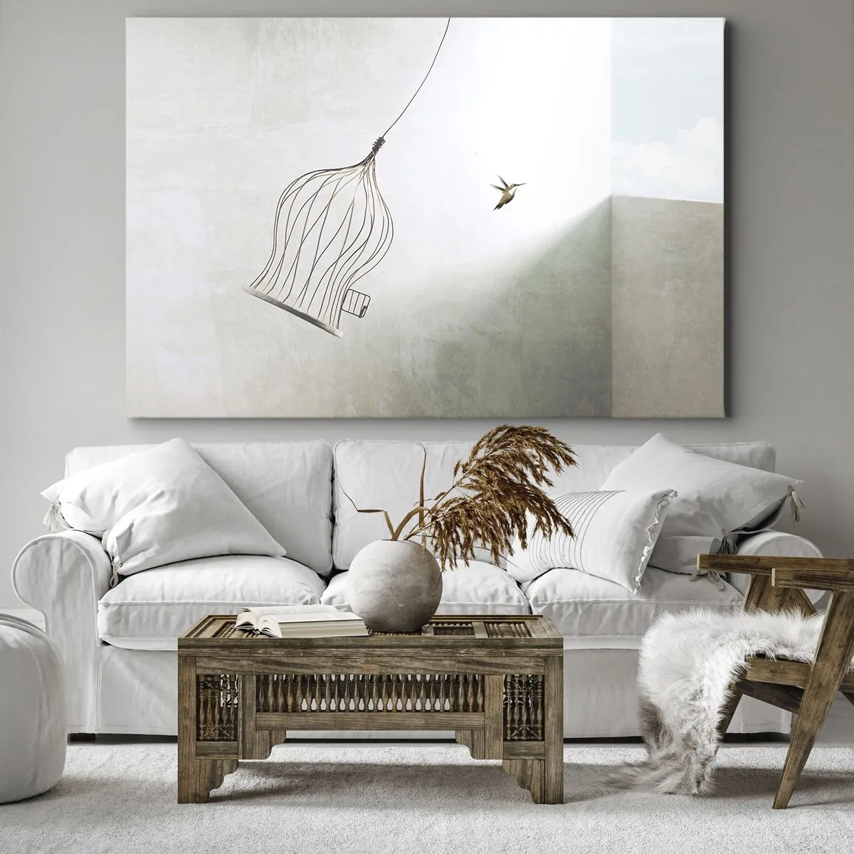Impression sur toile - Image sur toile - Un oiseau libéré d'une cage sur fond de ciel lumineux - 120x80cm - Dans son élément - Décoration murale moderne pour le salon et la chambre ARTTOR
