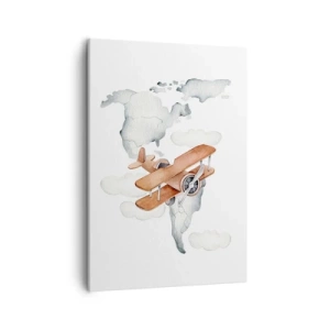 Impression sur toile - Image sur toile - Illustration d'une carte du monde avec des avions - 50x70cm - Dans un esprit pionnier - Décoration murale moderne pour le salon et la chambre ARTTOR