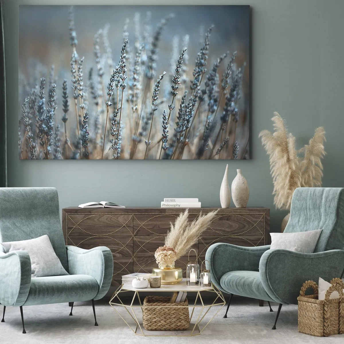 Impression sur toile - Image sur toile - Lavande dans les champs dans des tons pastel subtils - 100x70cm - Tige odorante - Décoration murale moderne pour le salon et la chambre ARTTOR