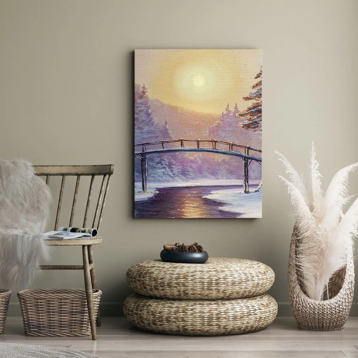 Impression sur toile - Image sur toile - Paysage d'hiver avec un pont illuminé par le coucher du soleil - 80x120cm - Quatre saisons - hiver - Décoration murale moderne pour le salon et la chambre ARTTOR