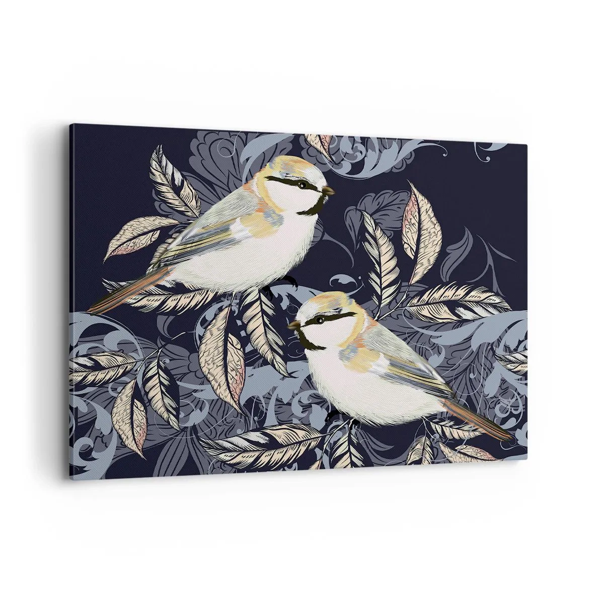 Impression sur toile - Image sur toile - Oiseaux sur des branches dans un arrière-plan ornemental - 100x70cm - Babillement jaune et bleu - Décoration murale moderne pour le salon et la chambre ARTTOR