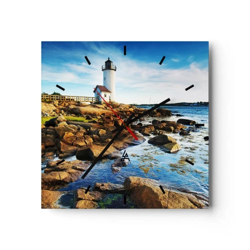Horloge murale - Pendule murale - Un phare sur une côte rocheuse par une journée ensoleillée - 30x30cm - Revenez heureux, j'attends - Décoration murale moderne pour le salon et la chambre ARTTOR