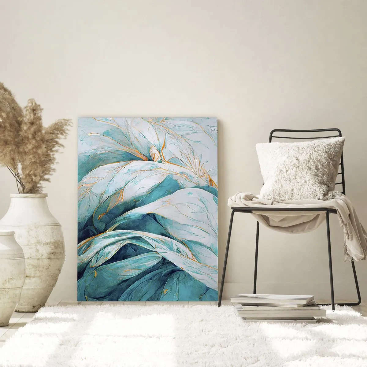 Impression sur verre - Image sur verre - Feuilles bleues abstraites avec des détails dorés - 80x120cm - Abstraction bleue avec un motif doré - Décoration murale moderne pour le salon et la chambre ARTTOR