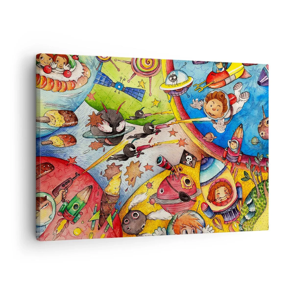 Impression sur toile - Image sur toile - Une scène spatiale colorée pleine d'enfants et de vaisseaux spatiaux - 70x50cm - Grande aventure spatiale - Décoration murale moderne pour le salon et la chambre ARTTOR