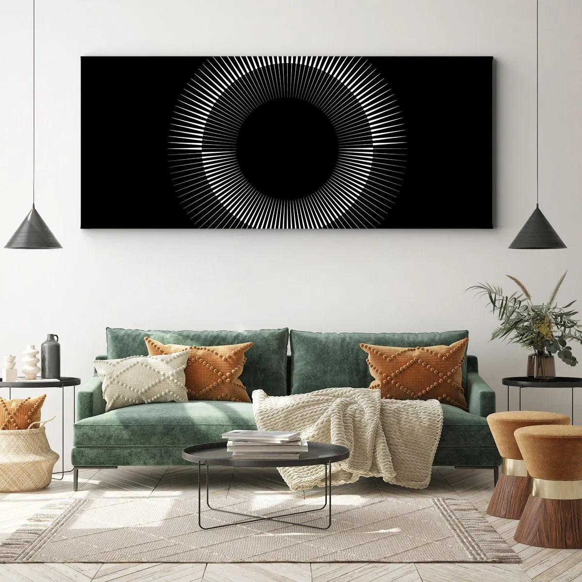 Impression sur toile - Image sur toile - Cercle graphique avec des rayons en noir et blanc - 140x50cm - Soleil noir - Décoration murale moderne pour le salon et la chambre ARTTOR