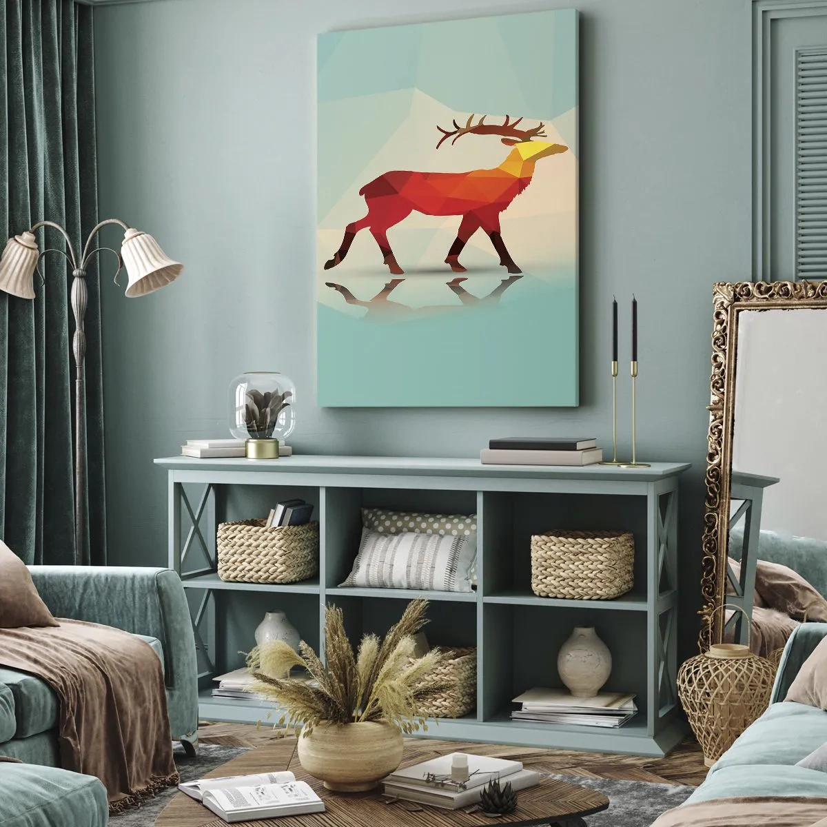 Impression sur toile - Image sur toile - Silhouette géométrique d'un cerf dans les tons de rouge et d'orange - 50x70cm - Cerf géométrique - Décoration murale moderne pour le salon et la chambre ARTTOR