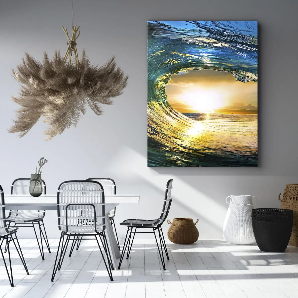 Impression sur toile - Image sur toile - Vague de l'océan au soleil avec vue sur l'horizon - 70x100cm - Dans un éclat émeraude-or - Décoration murale moderne pour le salon et la chambre ARTTOR