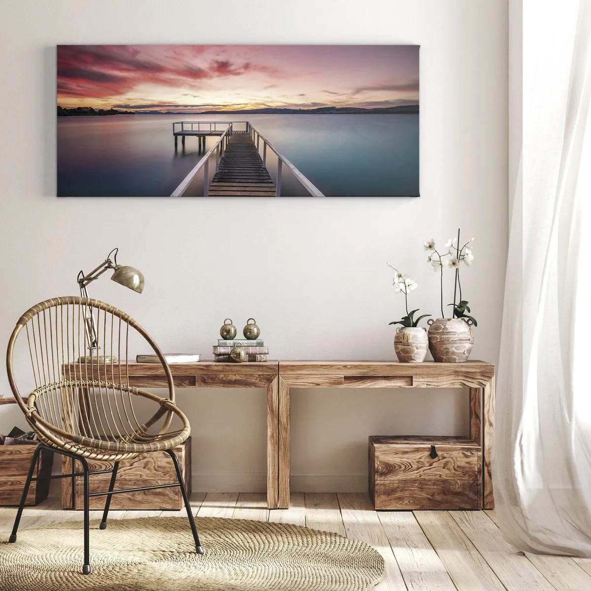 Impression sur toile - Image sur toile - Une jetée menant à un lac tranquille au coucher du soleil - 120x50cm - La douce flamme du soir - Décoration murale moderne pour le salon et la chambre ARTTOR