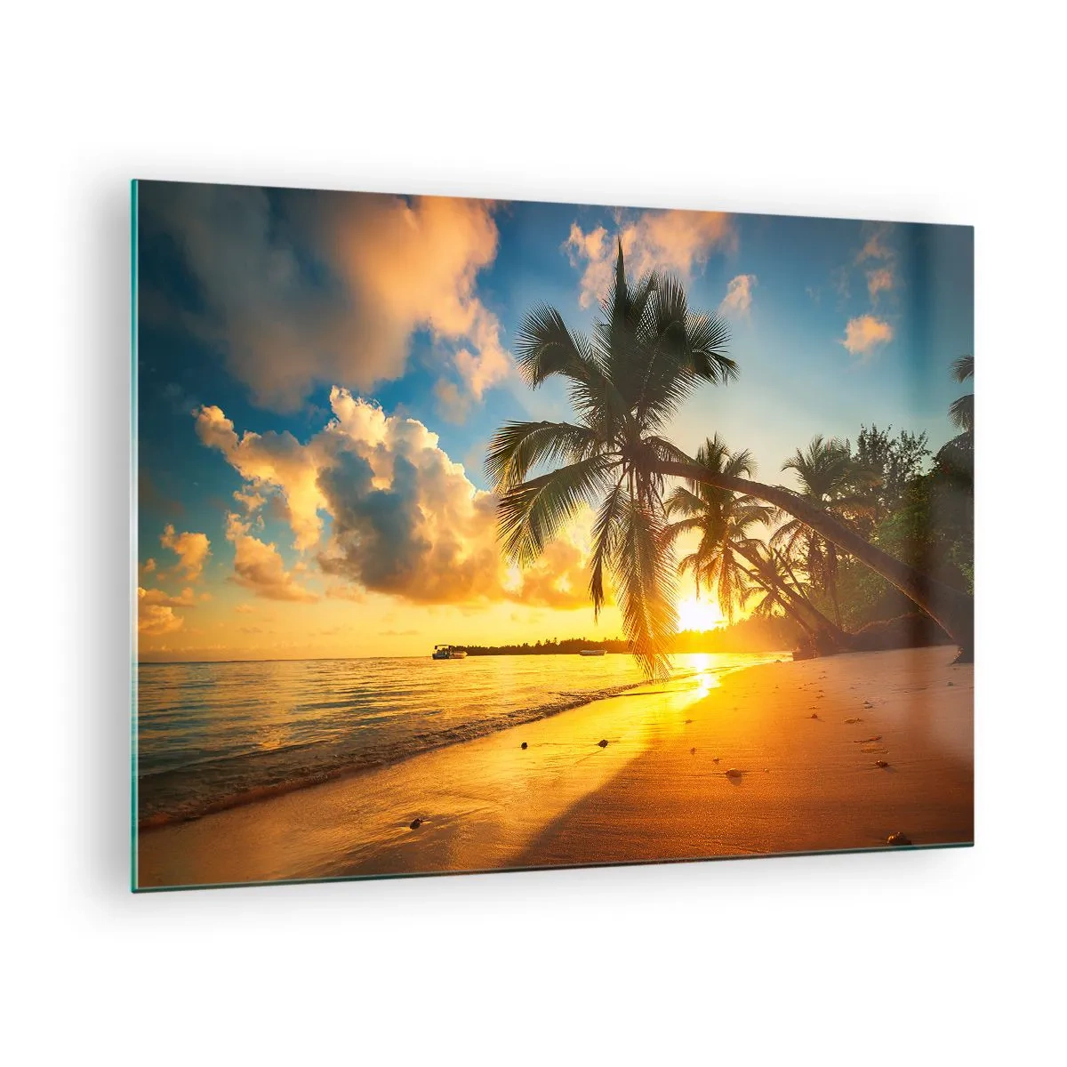 Impression sur verre - Image sur verre - Plage tropicale avec palmiers au coucher du soleil - 70x50cm - Rêve caribéen - Décoration murale moderne pour le salon et la chambre ARTTOR