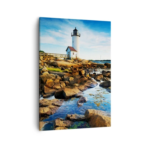 Impression sur toile - Image sur toile - Un phare sur une côte rocheuse par une journée ensoleillée - 50x70cm - Revenez heureux, j'attends - Décoration murale moderne pour le salon et la chambre ARTTOR