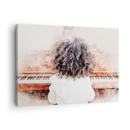 Impression sur toile - Image sur toile - Une fille aux cheveux touffus au piano - 70x50cm - Dans un nouveau monde - Décoration murale moderne pour le salon et la chambre ARTTOR