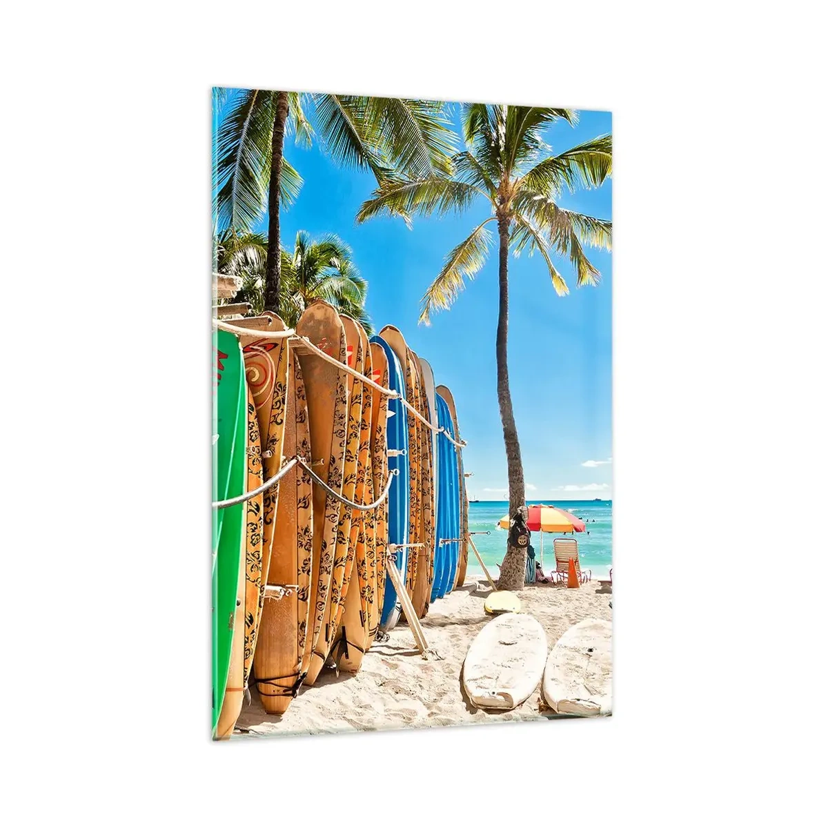 Impression sur verre - Image sur verre - Planches de surf sur une plage avec des palmiers - 80x120cm - Jeux ensoleillés - Décoration murale moderne pour le salon et la chambre ARTTOR