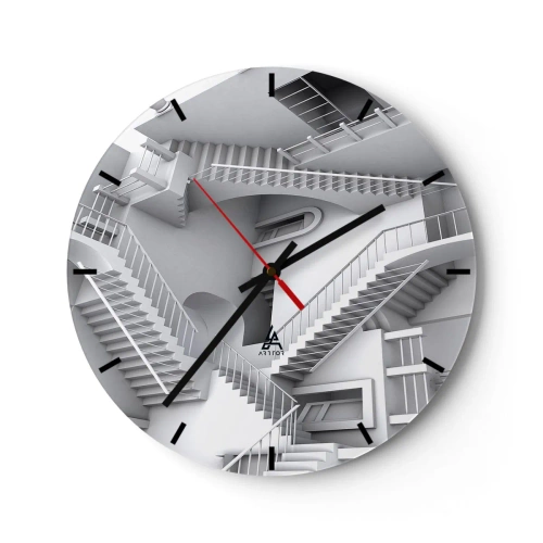 Horloge murale - Pendule murale - Labyrinthe abstrait d'escaliers aux tons monochromes - 30x30cm - Paradoxes spatiaux - Décoration murale moderne pour le salon, la cuisine et la chambre ARTTOR