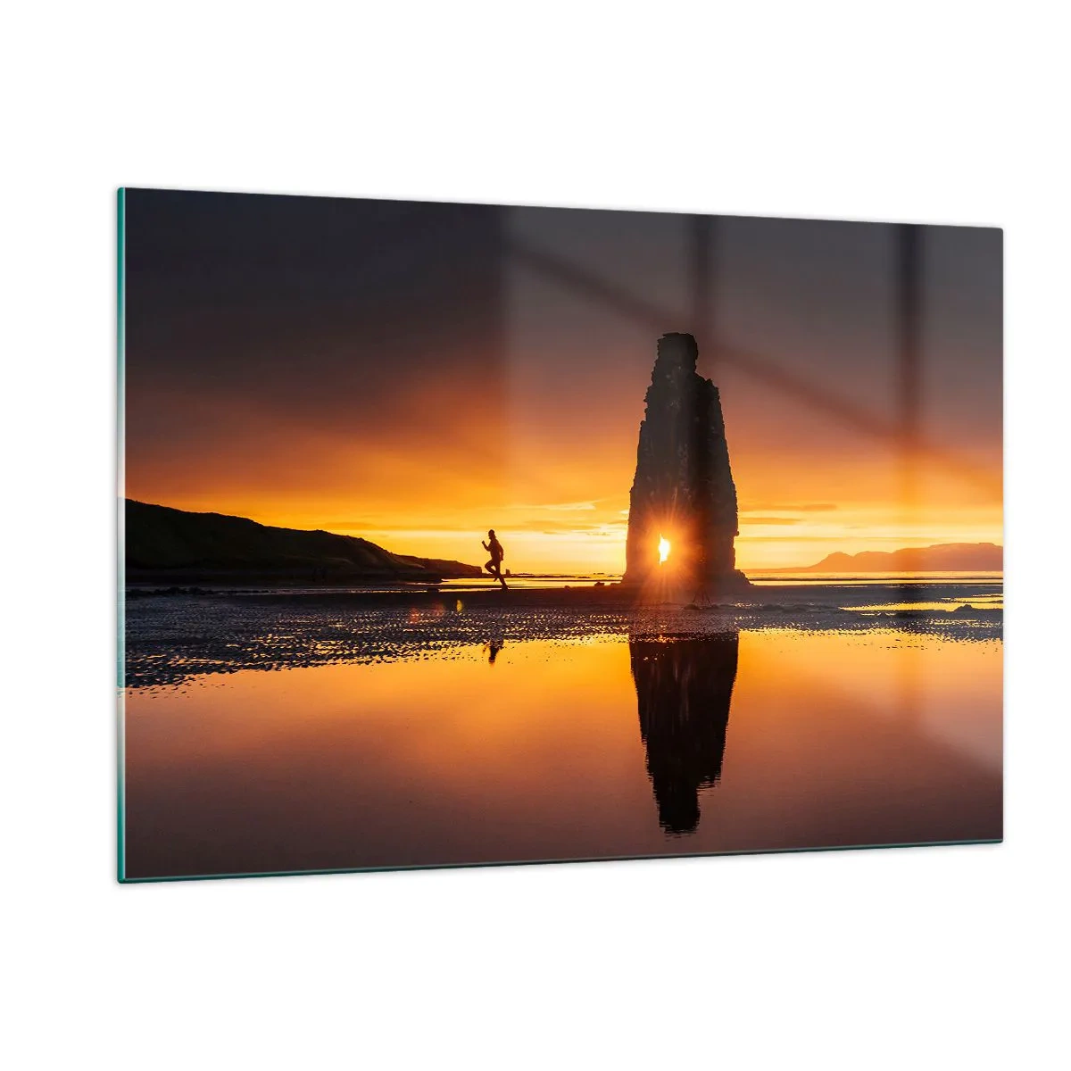 Impression sur verre - Image sur verre - Coucher de soleil avec une silhouette humaine et une formation rocheuse - 120x80cm - Juste vous et la nature - Décoration murale moderne pour le salon et la chambre ARTTOR