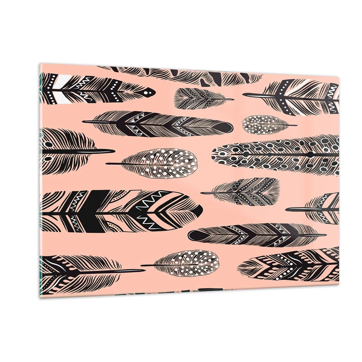 Impression sur verre - Image sur verre - Plumes décoratives à motifs noirs et blancs sur fond rose - 120x80cm - Collection indienne - Décoration murale moderne pour le salon et la chambre ARTTOR