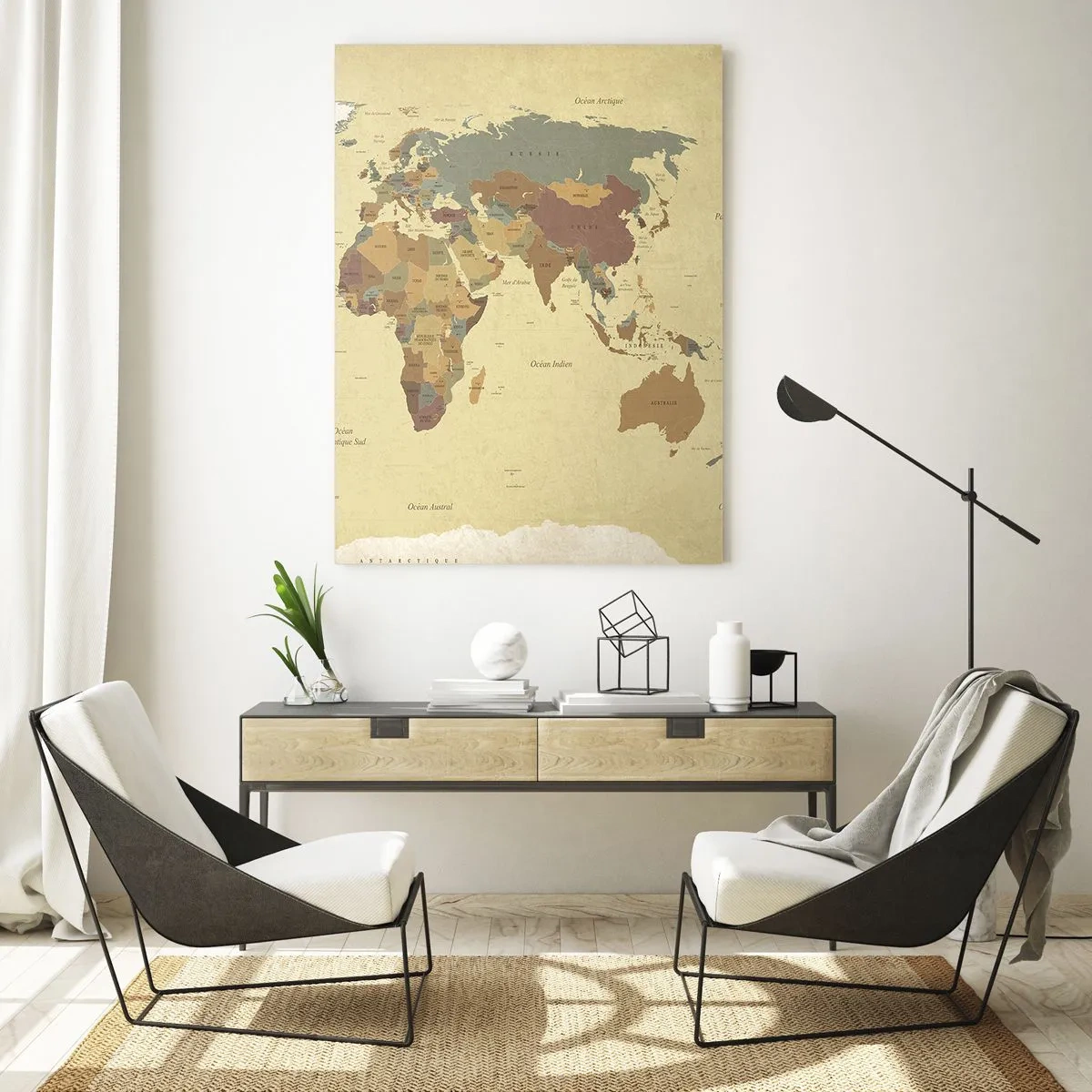 Impression sur verre - Image sur verre - Une carte du monde stylisée dans des tons de beige et de couleurs pastel. - 80x120cm - Pour vous - le monde entier - Décoration murale moderne pour le salon et la chambre ARTTOR