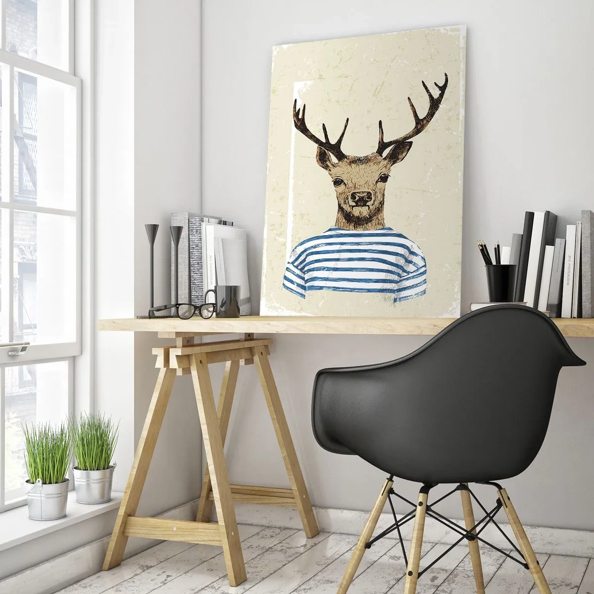 Impression sur verre - Image sur verre - Un cerf en chemise rayée sur un fond clair avec une texture délicate - 80x120cm - Parce que j'aime les chemises rayées - Décoration murale moderne pour le salon et la chambre ARTTOR
