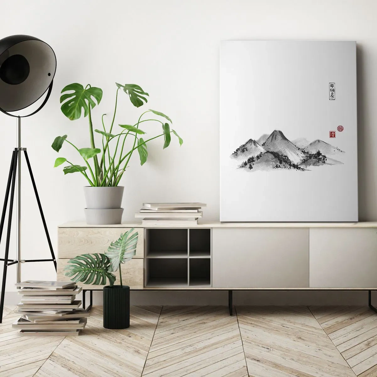 Impression sur toile - Image sur toile - Paysage de montagne traditionnel dans le style de la peinture à l'encre japonaise - 70x100cm - Au-delà de la distance - Décoration murale moderne pour le salon et la chambre ARTTOR