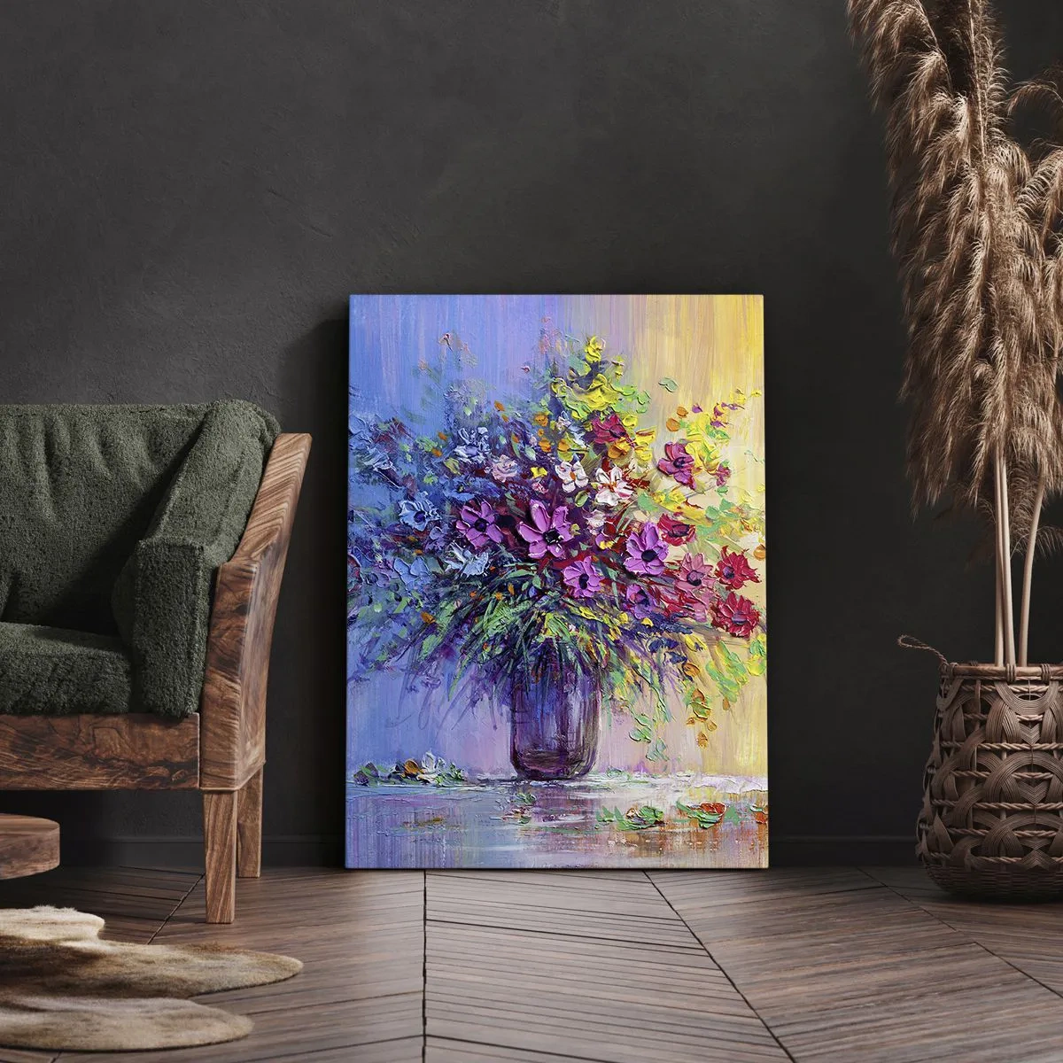 Impression sur toile - Image sur toile - Un bouquet de fleurs colorées dans un vase sur un fond dégradé - 50x70cm - Cadeau d'été de la prairie - Décoration murale moderne pour le salon et la chambre ARTTOR