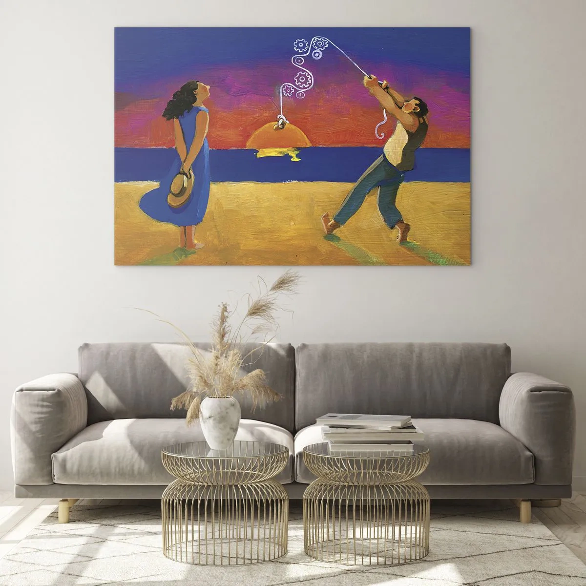 Impression sur verre - Image sur verre - Résumé coloré d'un couple sur la plage au coucher du soleil - 120x80cm - Plus qu'une étoile dans le ciel - Décoration murale moderne pour le salon et la chambre ARTTOR