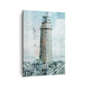 Impression sur toile - Image sur toile - Un phare sur une côte rocheuse aux couleurs pastel - 50x70cm - Sur du vieux bois - Décoration murale moderne pour le salon et la chambre ARTTOR