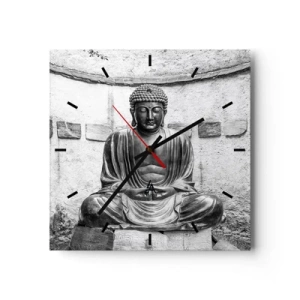 Horloge murale - Pendule murale - Statue de Bouddha noir et blanc dans une pose méditative - 30x30cm - A la source de la paix - Décoration murale moderne pour le salon et la chambre ARTTOR