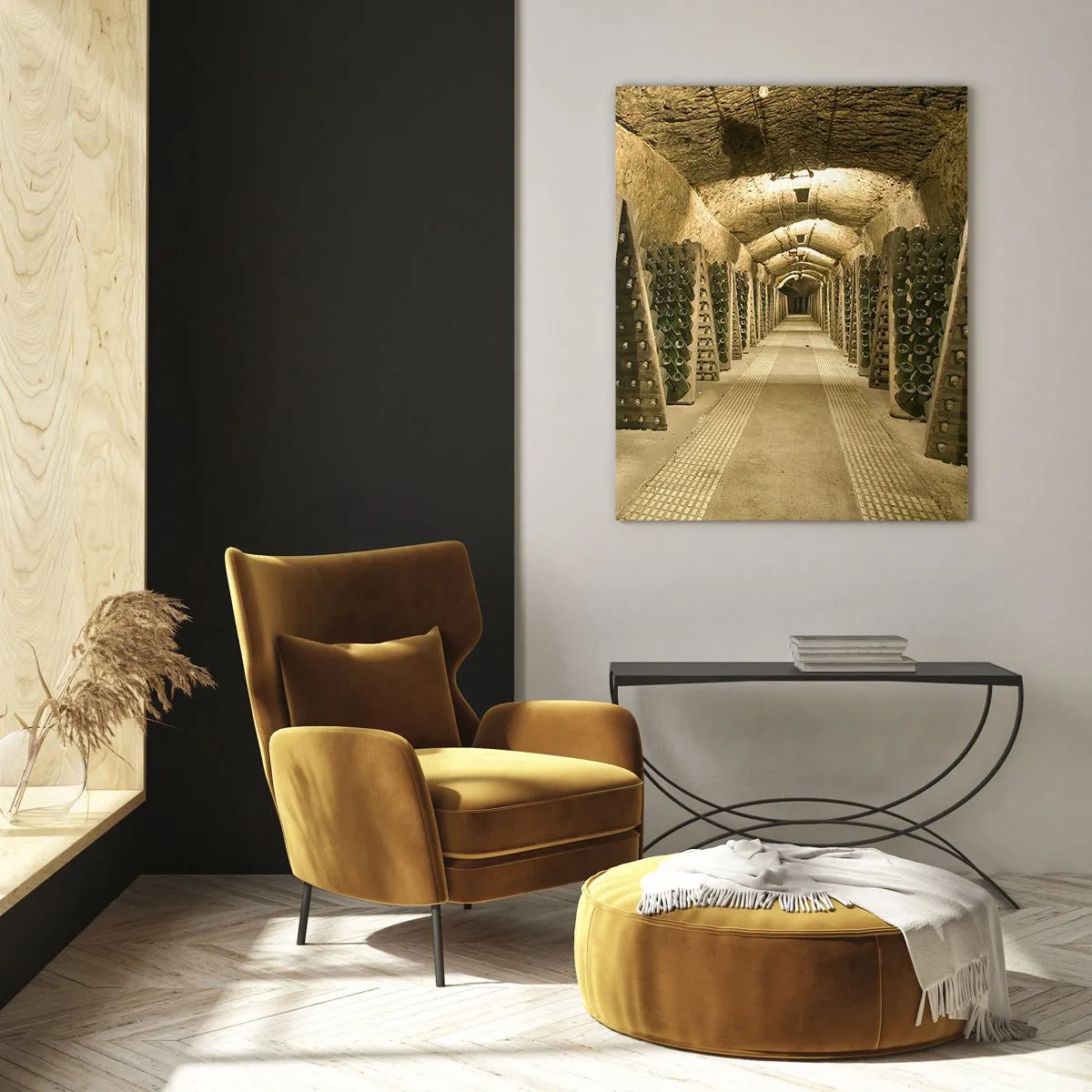 Impression sur verre - Image sur verre - Une cave avec des bouteilles de vin vieillissant en rangées - 50x70cm - L'éveil du goût - Décoration murale moderne pour le salon et la chambre ARTTOR